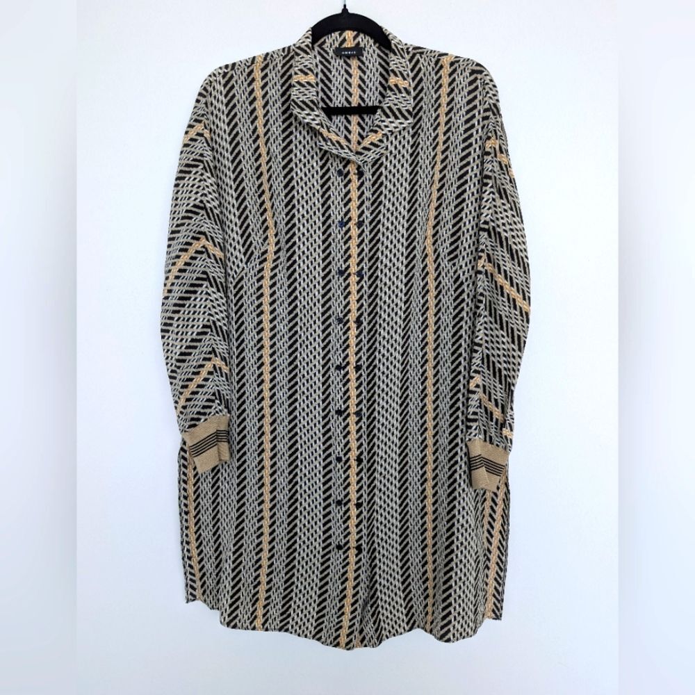 Akris 100% Mulberry Silk Tweed Pattern Print Button Front Tunic Dress Sz 14